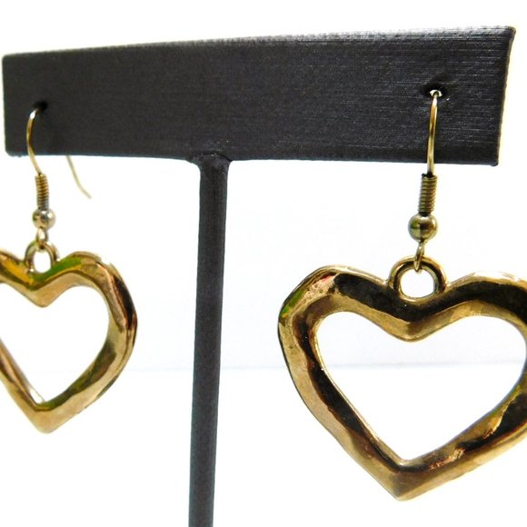 Goldtone Heart, Dangle Earrings, Hollow Center, Fishhook Closure - Picture 4 of 6